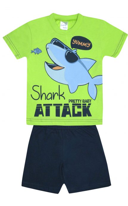 Παιδική Καλοκαιρινή Πιτζάμα για Αγόρι Shark Lime-Μαρίν, Ψιλή Πλέξη Υφάσματος, Βαμβακερή 100% - Pretty Baby