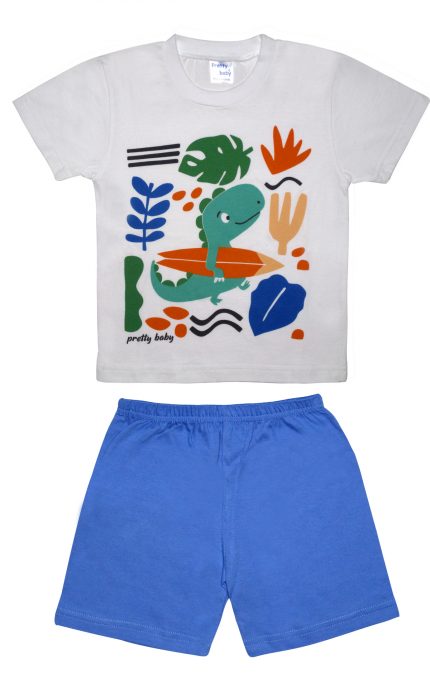 Βρεφική Καλοκαιρινή Πιτζάμα για Αγόρι Dino Surf Λευκό-Μπλε, Ψιλή Πλέξη Υφάσματος, Βαμβακερή 100% - Pretty Baby
