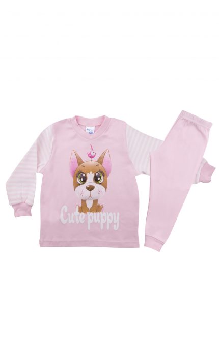 Βρεφική Χειμερινή Πιτζάμα για Κορίτσι Cute Puppy Ροζ Ρίγα, Βαμβακερή 100% - Pretty Baby