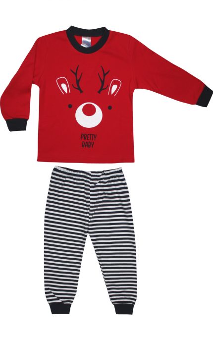Βρεφική Χειμερινή Πιτζάμα Unisex Xmans Reindeer Κόκκινο-Μαρίν, Βαμβακερή 100% - Pretty Baby