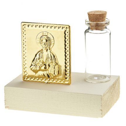 Μπομπονιέρα Γάμου Ξύλινη Βάση με Χρυσή Εικόνα Χριστού και Βαζάκι για Αρωματικό (4×5×8cm) | ΝΒ3788