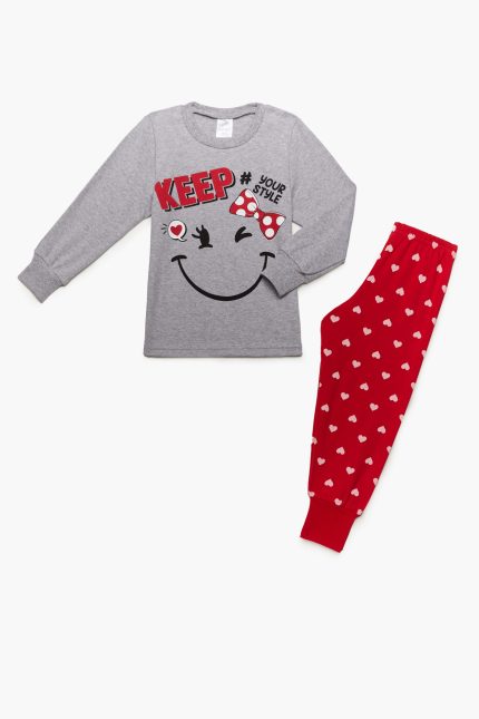 Πιτζάμα Παιδική Χειμερινή με Τύπωμα Style για Κορίτσι Γκρι-Κόκκινο, Βαμβακερή 100% - Pretty Baby