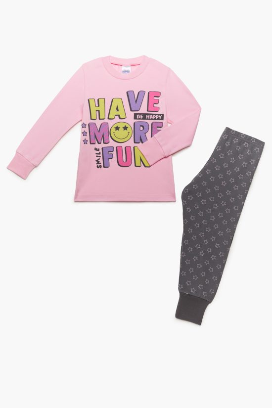 Πιτζάμα Παιδική Χειμερινή με Τύπωμα Fun για Κορίτσι Ροζ-Ανθρακί, Βαμβακερή 100% - Pretty Baby