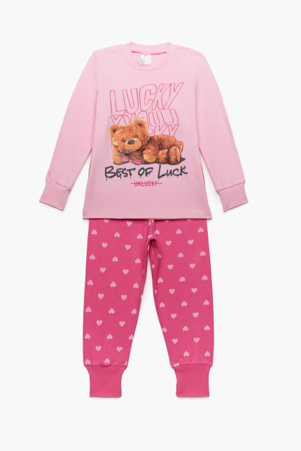 Πιτζάμα Παιδική Χειμερινή με Τύπωμα Lucky για Κορίτσι Ροζ-Φουξ, Βαμβακερή 100% - Pretty Baby