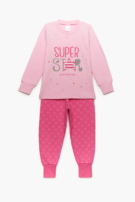 Πιτζάμα Παιδική Χειμερινή με Τύπωμα Star για Κορίτσι Ροζ-Φουξ, Βαμβακερή 100% - Pretty Baby