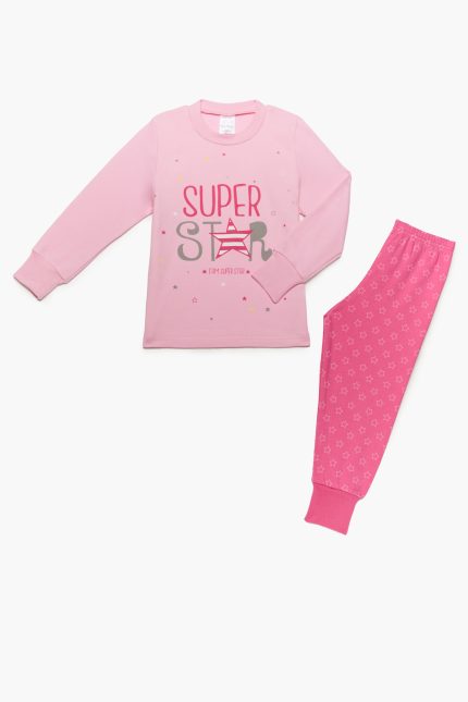 Πιτζάμα Παιδική Χειμερινή με Τύπωμα Star για Κορίτσι Ροζ-Φουξ, Βαμβακερή 100% - Pretty Baby