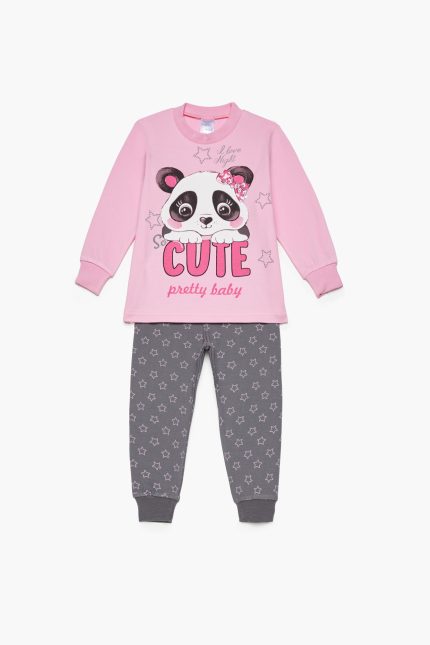 Πιτζάμα Παιδική Χειμερινή με Τύπωμα Cute για Κορίτσι Ροζ-Ανθρακί, Βαμβακερή 100% - Pretty Baby