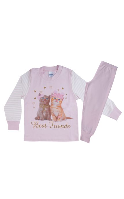 Πιτζάμα Παιδική Χειμερινή με Τύπωμα για Κορίτσι Cats Ροζ-Ρίγα, Βαμβακερή 100% - Pretty Baby
