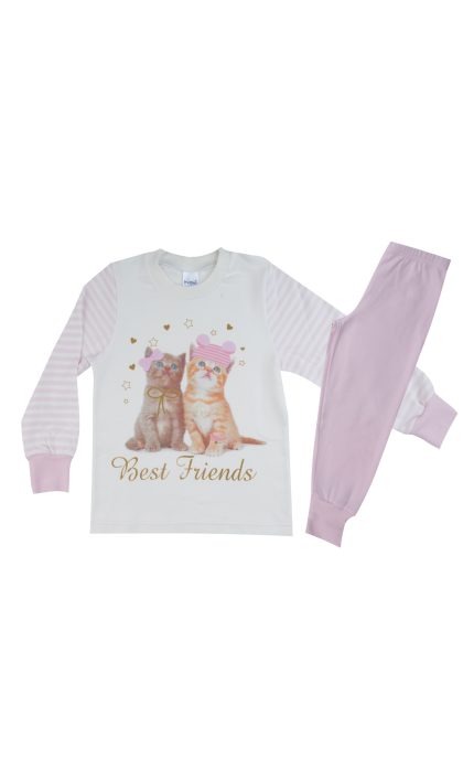 Πιτζάμα Παιδική Χειμερινή με Τύπωμα για Κορίτσι Cats Κρεμ-Ροζ, Βαμβακερή 100% - Pretty Baby