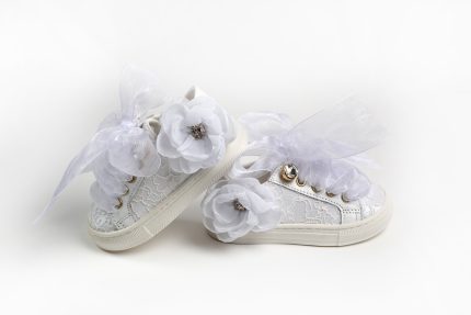 Χειροποίητο Βαπτιστικό Παπουτσάκι Sneaker για Κορίτσι Περπατήματος Λευκό Κ487Α, Everkid
