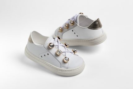Χειροποίητο Βαπτιστικό Παπουτσάκι Sneaker για Κορίτσι Περπατήματος Λευκό-Χρυσό Κ488Α, Everkid
