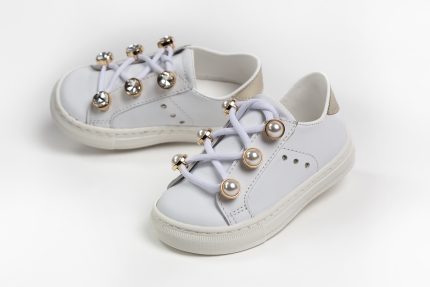 Χειροποίητο Βαπτιστικό Παπουτσάκι Sneaker για Κορίτσι Περπατήματος Λευκό-Χρυσό Κ488Α, Everkid