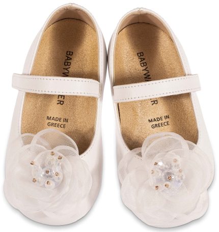 Babywalker Βαπτιστικό Παπουτσάκι Περπατήματος για Κορίτσι Γοβάκι Μονή Μπαρέτα με Λουλούδι και Χάντρες BS3581 Λευκό