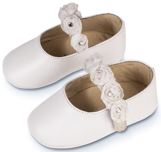 Babywalker Βαπτιστικό Παπουτσάκι Αγκαλιάς Γοβάκι Μονή Μπαρέτα με Chiffon Λουλούδια Λευκό MI1638
