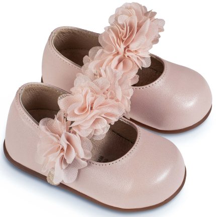 Babywalker Βαπτιστικό Παπουτσάκι για Πρώτα Βήματα Γοβάκι με Μπαρέτα Διακοσμημένο με Chiffon Λουλούδια Ροζ PRI2632