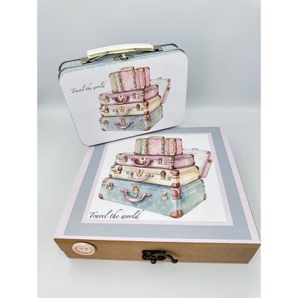 Ξύλινο Κουτί με Θέμα Ταξίδια-Ροζ Βαλίτσες | ΛΣΑ137