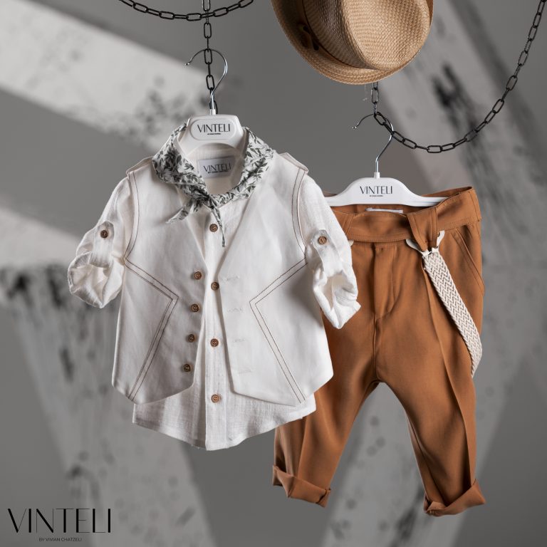 Βαπτιστικό Κοστουμάκι για αγόρι Ιβουάρ-Ανοιχτό Ταμπά EXC5303, Vinteli