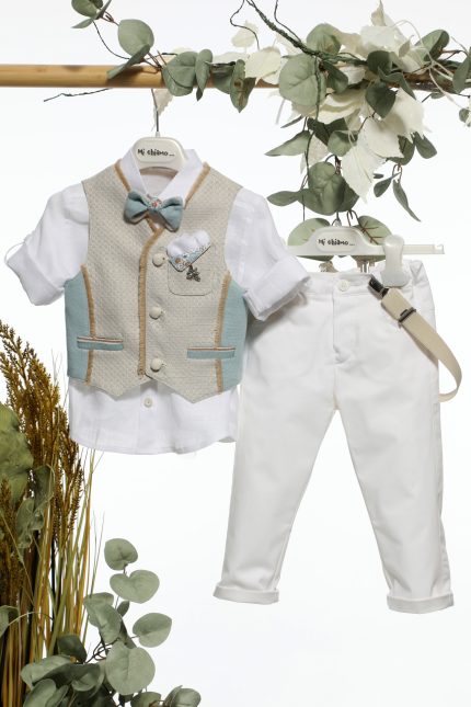 Βαπτιστικό Κοστουμάκι για Αγόρι Λευκό-Μπεζ-Βεραμάν Α4691, Mi Chiamo