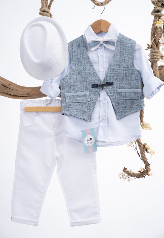 Βαπτιστικό κοστουμάκι για αγόρι Λευκό-Σιέλ ΑΕ77 Mak Baby