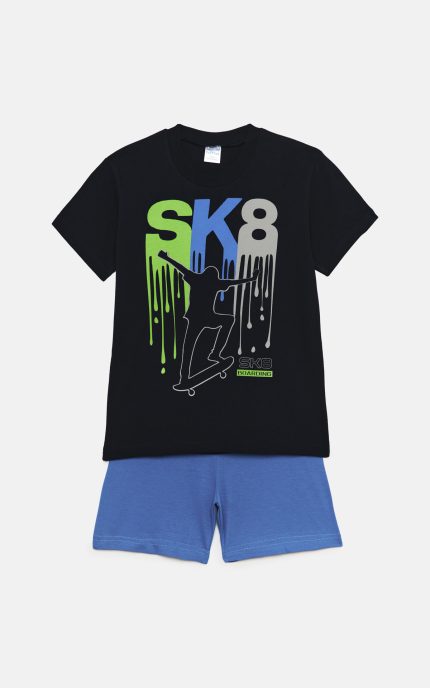 Παιδική Καλοκαιρινή Πιτζάμα για Αγόρι SK8 Μπλε-Μαρίν Ψιλή Πλέξη Υφάσματος, Βαμβακερή 100% - Pretty Baby