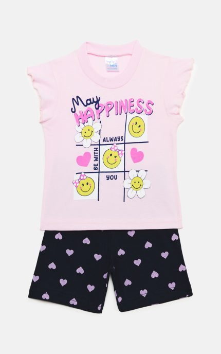Βρεφική Καλοκαιρινή Πιτζάμα για Κορίτσι Happiness Ροζ-Μπλε, Ψιλή Πλέξη Υφάσματος, Βαμβακερή 100% - Pretty Baby