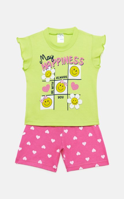 Παιδική Καλοκαιρινή Πιτζάμα για Κορίτσι Happiness Κίτρινο-Φουξ Ψιλή Πλέξη Υφάσματος, Βαμβακερή 100% - Pretty Baby