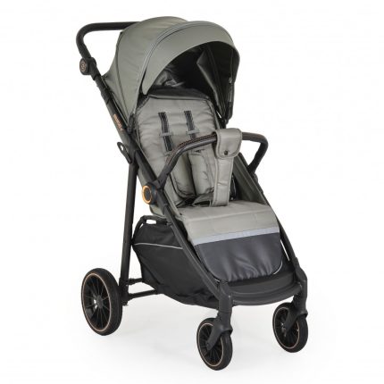 Gray and black baby stroller with sun canopy and padded seat, shown from the side on a black frame.