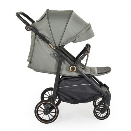 Gray and black baby stroller with a large canopy and storage undercarriage on white background