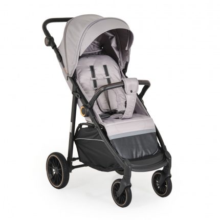 Light gray baby stroller with a canopy, padded seat, and 5-point harness on black chassis with large wheels.