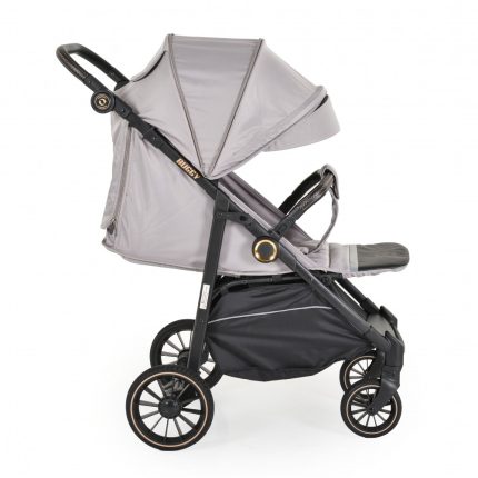 Side view of a gray baby stroller with a large canopy, black frame, and a storage basket beneath; four big wheels visible on a white background.