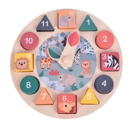 Wooden circular toy clock with colored number blocks and animal pictures around the edge, and movable clock hands in the center.