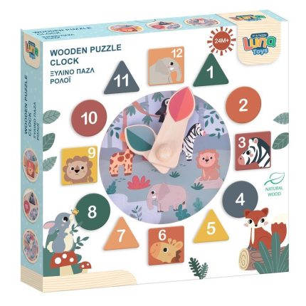 Boxed wooden puzzle clock with numbered shapes and a jungle scene around a central circle of animals, for kids ages 24 months+