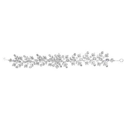 Silver-toned leaf jewelry bracelet encrusted with crystals, laid horizontally.