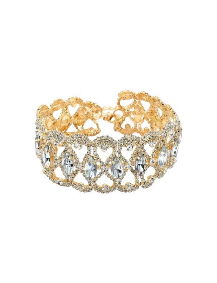 Gold-toned diamond-studded tiara with intricate lattice detailing on a white background