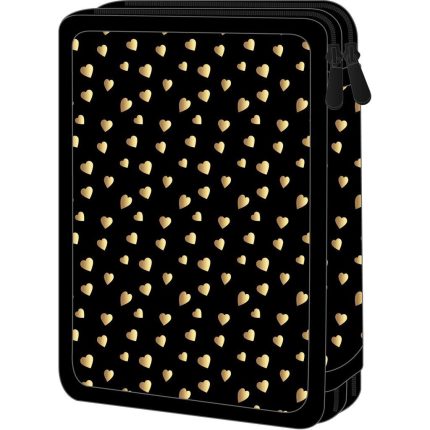 Stack of three black zippered pouches with a gold heart pattern.