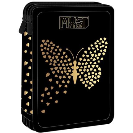 Black zippered carrying case with a gold heart-butterfly design and the MUST TEAM logo on the front panel