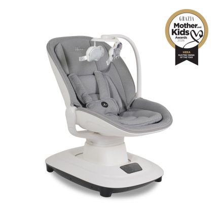 Gray infant rocker chair on a white base with a toy bar and plush animals; award badge shown in top-right corner.