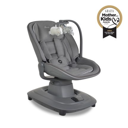 Grey powered baby swing seat with padded harness on a rounded base; comes with hanging plush toys and a toy bar. Award badge visible in the top-right corner.