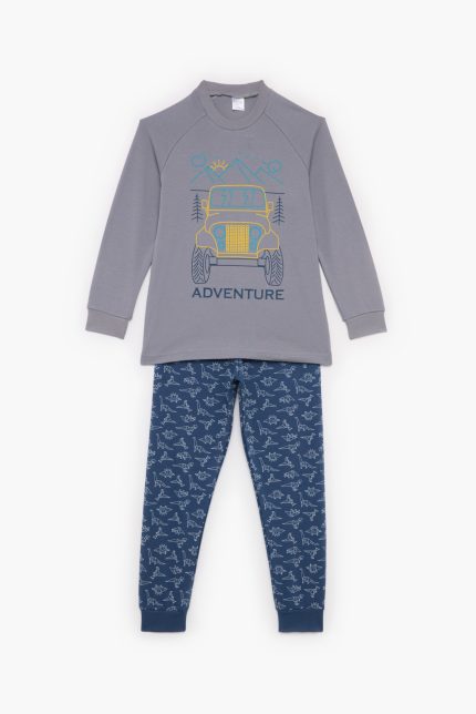 Πιτζάμα Παιδική Χειμερινή με Τύπωμα Adventure για Αγόρι Γκρι-Ραφ, Βαμβακερή 100% - Pretty Baby