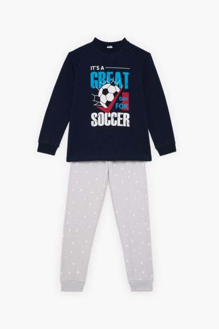 Πιτζάμα Παιδική Χειμερινή με Τύπωμα Soccer για Αγόρι Μαρίν-Γκρι, Βαμβακερή 100% - Pretty Baby