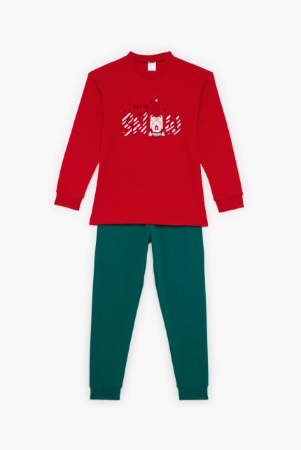 Πιτζάμα Παιδική Χειμερινή Unisex με Τύπωμα Uni Snow Κόκκινο-Πράσινο, Βαμβακερή 100% - Pretty Baby