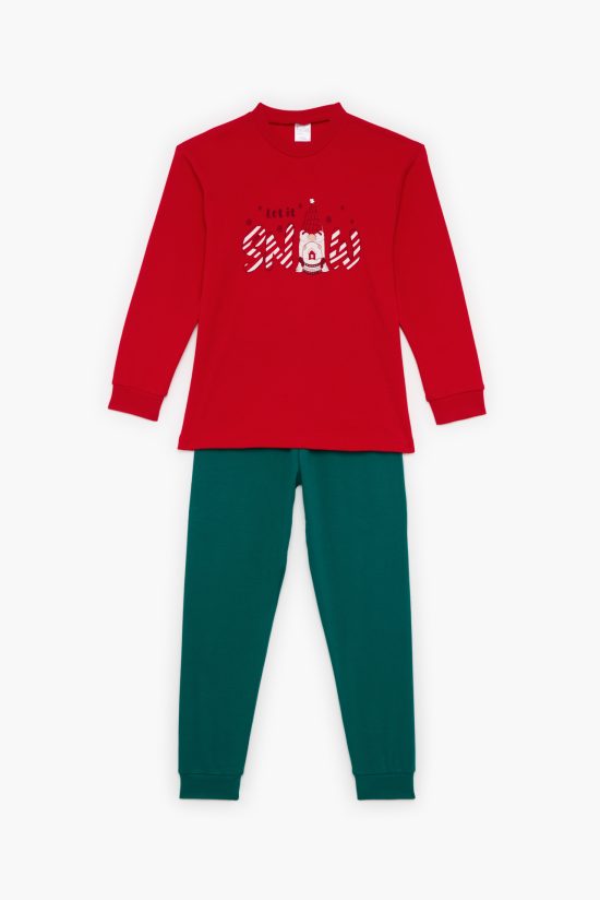 Πιτζάμα Παιδική Χειμερινή Unisex με Τύπωμα Uni Snow Κόκκινο-Πράσινο, Βαμβακερή 100% - Pretty Baby