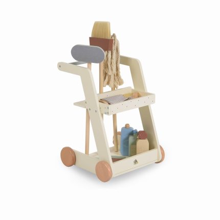 Wooden wheeled toy high chair with storage shelf and grooming accessories for kids and pretend play.
