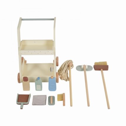 Wooden toy cleaning cart with pastel accessories: brushes, rope, bottles, cloth, and mop