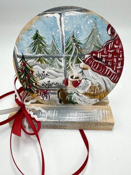 ΖΤΡ98Χ3 | Χριστουγεννιάτικο Ξύλινο Στρόγγυλο Διακοσμητικό με Βάση Ζωγραφισμένο στο Χέρι (10cm)