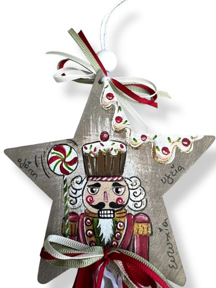 Ξύλινο Μεγάλο Αστέρι Στολισμένο & Ζωγραφισμένο στο Χέρι (12cm) | ΖΤΡ30ΓΧ5