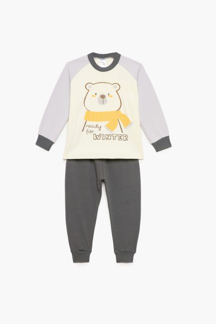 Πιτζάμα Βρεφική - Παιδική Χειμερινή με Τύπωμα Ready for Winter Γκρι - Κρεμ Βαμβακερή 100% | Pretty Baby