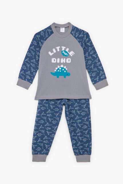 Πιτζάμα Βρεφική - Παιδική Χειμερινή με Τύπωμα Dino Γκρί - Μπλε Ραφ Βαμβακερή 100% | Pretty Baby