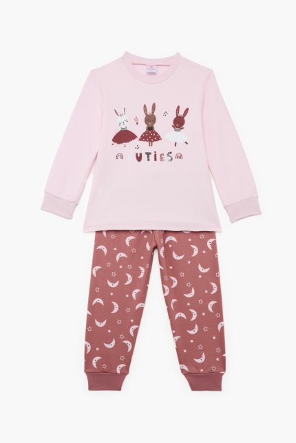 Πιτζάμα Βρεφική - Παιδική Χειμερινή με Τύπωμα Cuties Ροζ - Σάπιο Μήλο Βαμβακερή 100% | Pretty Baby