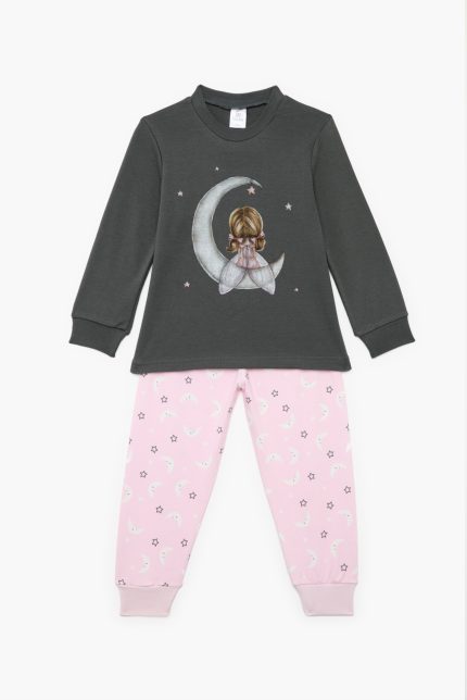 Πιτζάμα Βρεφική - Παιδική Χειμερινή με Τύπωμα Φεγγάρι Γκρι - Ροζ Βαμβακερή 100% | Pretty Baby